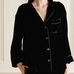Sleepy Jones Marina Grosgrain-trimmed Silk Blend Black Velvet Pajama Shirt S